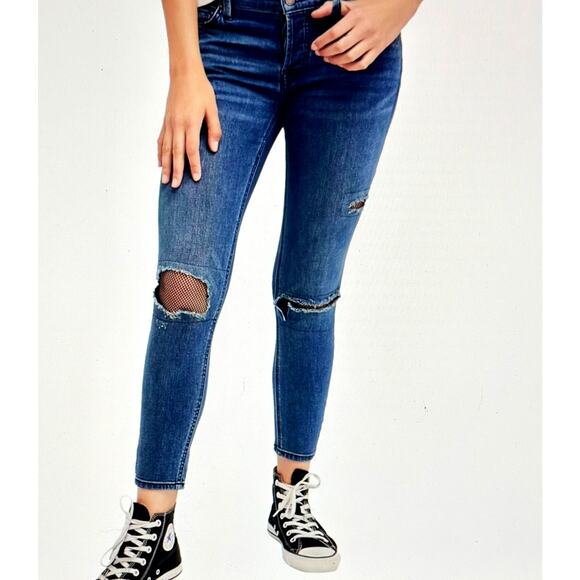 Free People Distressed Fishnet-Inlet Skinny Jeans Tupelo Blue 25 - Picture 1 of 16